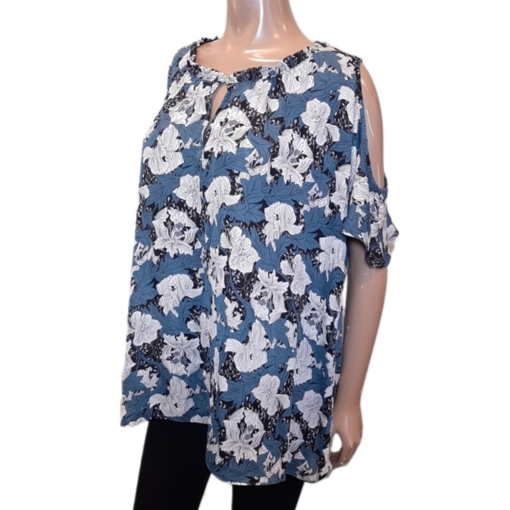 Joe Fresh Floral Cold Shoulder Blouse Keyhole Flutter Bell Sleeve Top Size 1X